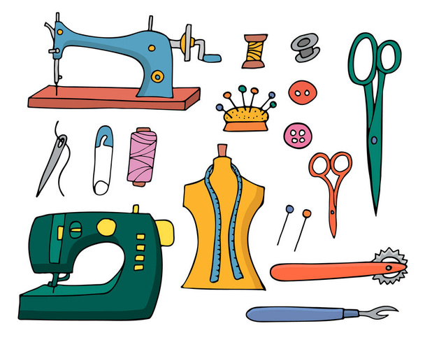 Dressmaker colorful doodle illustrations collection in vector. Colorful dressmaker icons collection. Sewing tools colorful doodle illustrations set. Sewing machine, dummy, scissors and instruments - Vector, Image