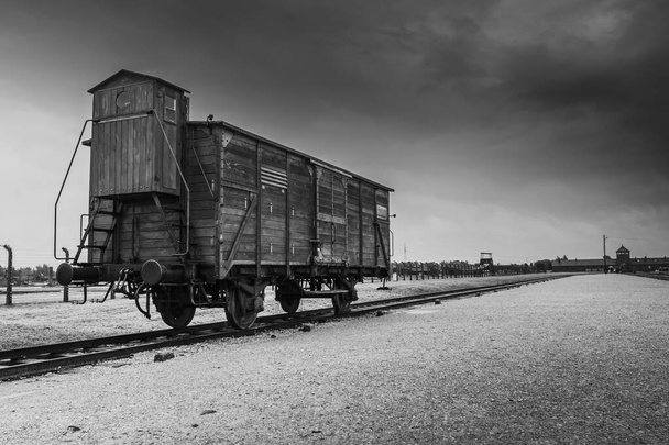 Auschwitz e Auschwitz-Birkenau, foto in bianco e nero, il carro bestiame per il trasporto dei prigionieri - Foto, immagini