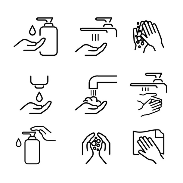 Conjunto de iconos lineales de contorno de lavado de manos, higiene de manos, prevención de enfermedades sobre un fondo blanco. Ilustración adimensional vectorial. - Vector, imagen
