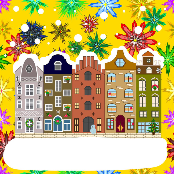 Abendliche Winterlandschaft in der Stadt mit gelben, braunen und weißen Häusern und Weihnachtsbaum. Feiertage Vektor Illustration. - Vektor, Bild