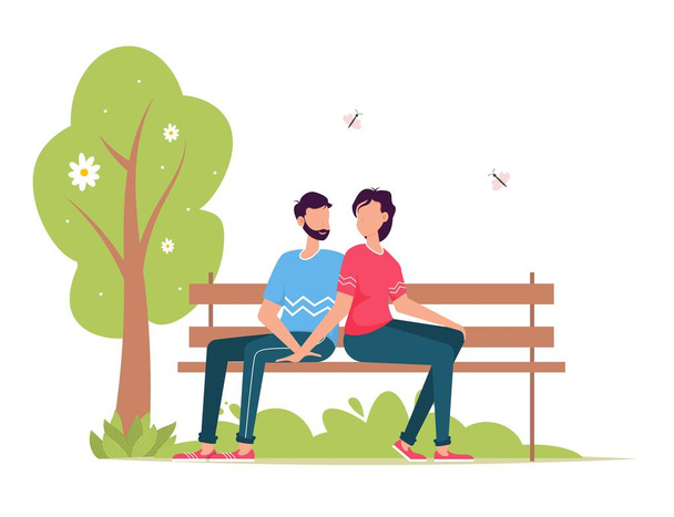 Loving couple on the bench. Cheerful young couple sitting close to each other and smiling - Vector, Image