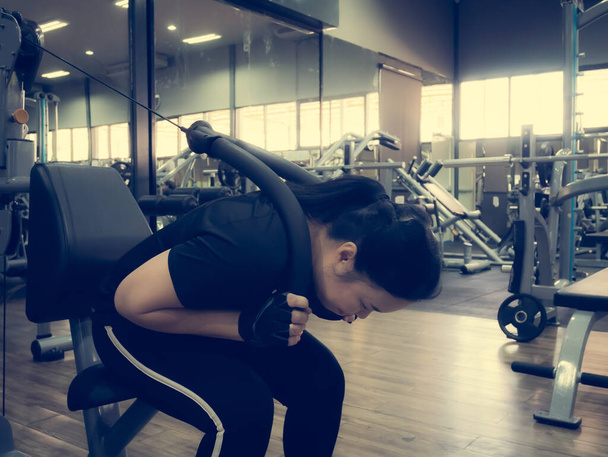 Ασία λίπος κορίτσι εκπαιδεύονται πίσω μυς με τον εξοπλισμό στο γυμναστήριο για δύναμη, απώλεια βάρους. - Φωτογραφία, εικόνα