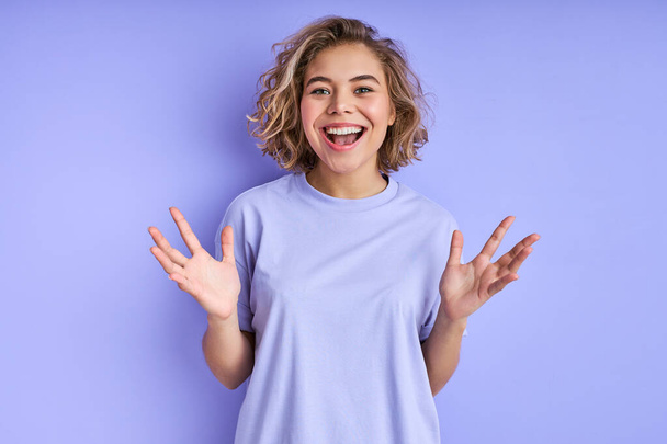 positive caucasian female emotionally gesturing have fun - Фото, изображение