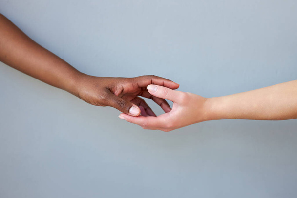 black and white female hands touching each other. Symbol of reconciliation and Stop racism - Foto, afbeelding