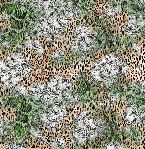 Estudio de patrones coloridos, diseños de leopardo, cebra, camuflaje y vestido. Patrón de tejido, tela, almohada y collage moderno, patrones magníficos que se imprimirán en el vestido de impresión digital leopardo cebra barroco - Foto, Imagen