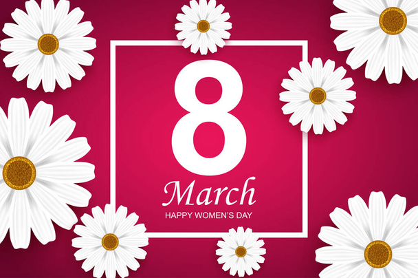 Happy womens day greeting card. White chamomile flowers and text in frame. Vector illustration of congratulation on 8th of March. Romantic banner design with realistic 3d elements on pink background - Vector, Image