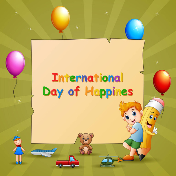 Plantilla del Día Internacional de la Felicidad con niño y juguetes - Vector, imagen