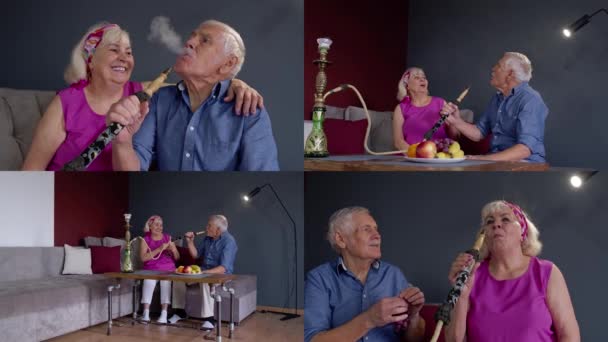 Starší pár kouří doma hašiš. Starší babička a dědeček se baví, relaxují - Záběry, video