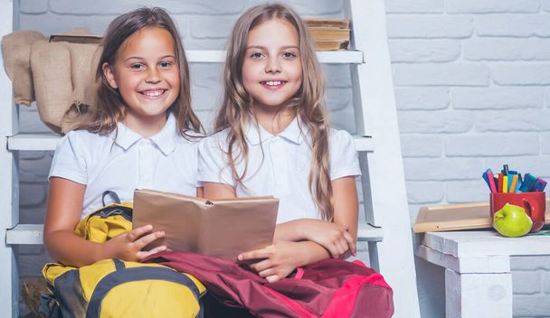 Schoolgirls studying homework during her lesson at home. Story reading in book at two small girls. Learning and education. - Φωτογραφία, εικόνα