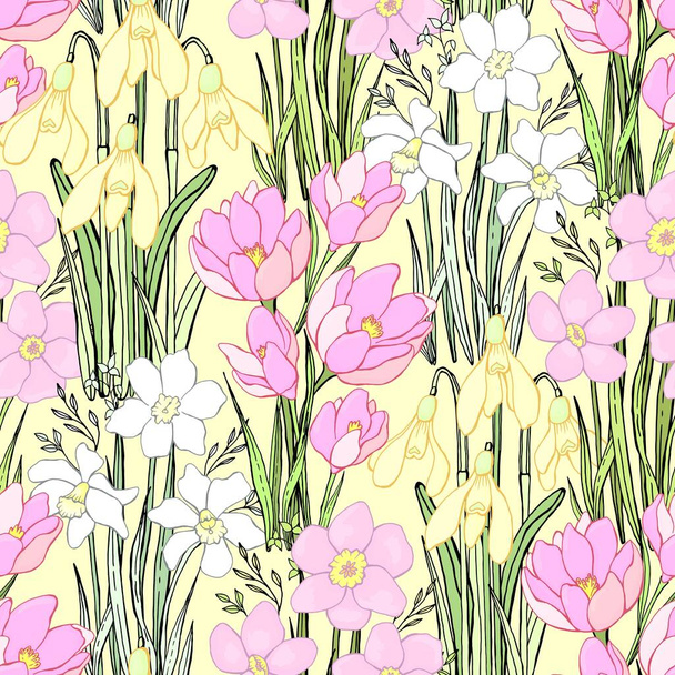 Spring wildflowers. Botanical background. Isolated vector seamless pattern. - Vektori, kuva