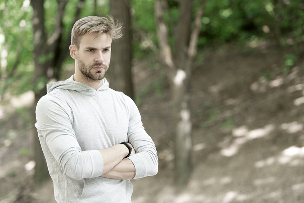 Make yourself proud. Sport goal and achievement. Totally ready. Sport challenge. Confident and physically strong. Athlete outdoors. Handsome man park nature background. Sport training and workout - Fotoğraf, Görsel