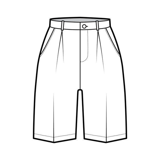 Bermudas cortas pantalones de vestir ilustración técnica de moda con longitud por encima de la rodilla, pliegue simple, cintura normal, gran altura - Vector, imagen