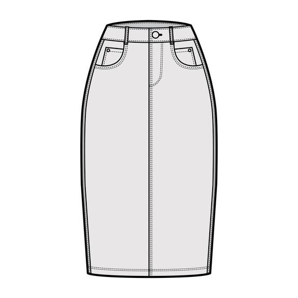 Denim pencil skirt technical fashion illustration with knee length, normal waist, high rise, curved, coin angled pockets - Vector, Image