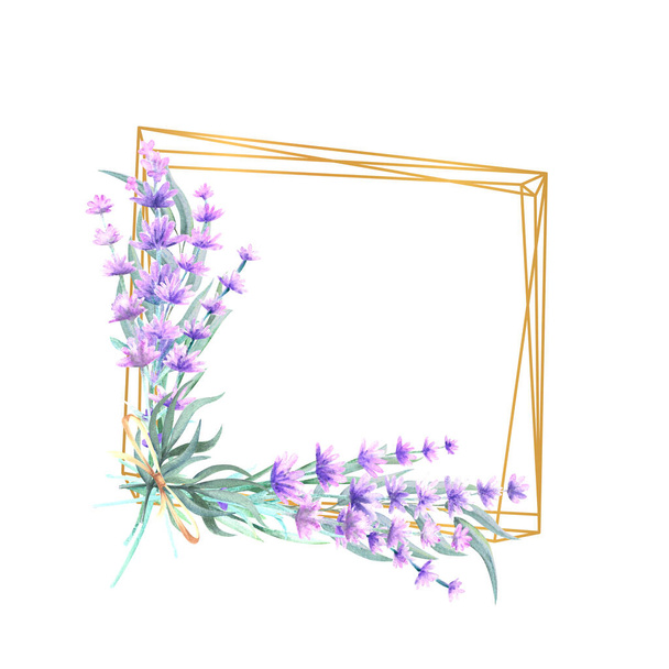 Lavender flowers in a square gold frame. Hand-drawn watercolor illustration. For invitations, greeting cards, prints, posters, advertising - Foto, Imagem