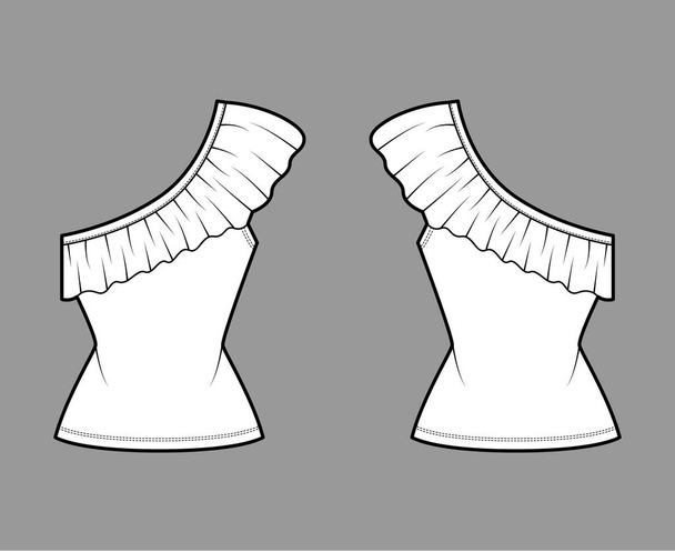 Top um ombro ilustração de moda técnica com babados, corpo equipado, algodão stretch. Modelo de camisa de vestuário plana - Vetor, Imagem