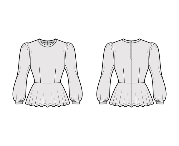 Peplum блузка техническая мода иллюстрация с буффантом длинные рукава, совок шея, оснащенный тело. Плоская рубашка - Вектор,изображение