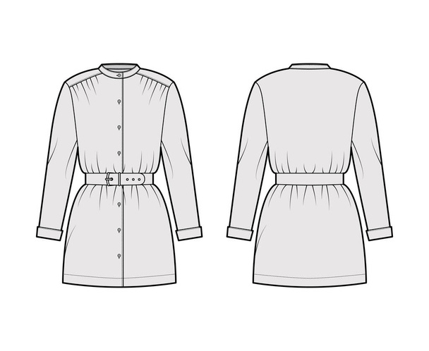 Belted blouse technical fashion illustration with long sleeves, stand collar, oversized, button up, enlarged hem. Flat - Vektor, kép