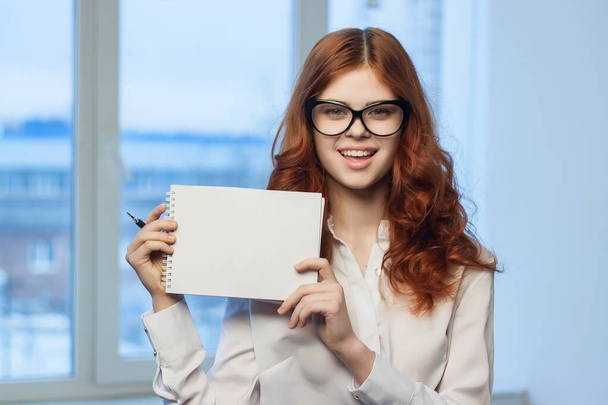 Επιχειρηματική κοκκινομάλλα γυναίκα κρατώντας σημειωματάριο στα χέρια ενός επίσημου διαχειριστή - Φωτογραφία, εικόνα