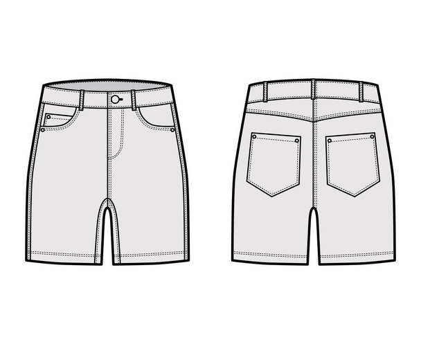 Denim short pants technical fashion illustration with mid-thigh length, low waist, rise, curved, coin, angled 5 pockets. - Vector, Image