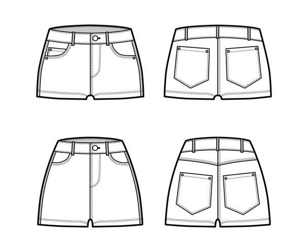 Pantalone corto caldo denim illustrazione tecnica di moda con micro mini lunghezza, vita bassa normale, vita bassa alta, 5 tasche - Vettoriali, immagini