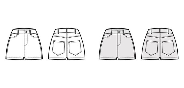 Jeans-Hotpants technische Mode-Illustration mit Mikrolänge, normaler Taille, Hochhaus, Münze, abgewinkelte 5 Taschen. - Vektor, Bild