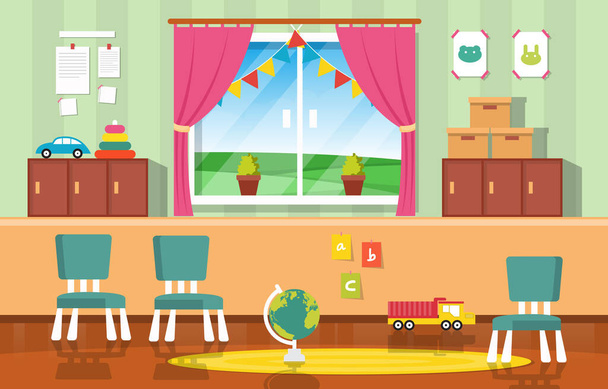 Sala de aula Educação Interior Jardim de infância elementar Crianças Ilustração Escolar - Vetor, Imagem