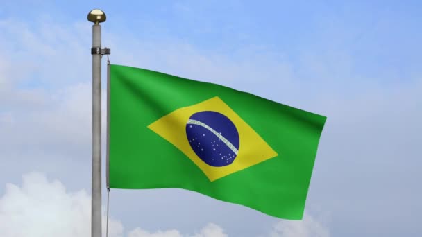 Brazilian flag waving in wind with blue sky. Close up of Brazil banner blowing, soft and smooth silk. Cloth fabric texture ensign background. Use it for national day and country occasions concept.-Dan - Footage, Video