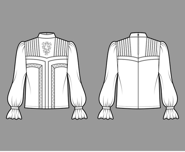 Viktoriánská blůza technické módní ilustrace s biskupem volánky dlouhé rukávy, stojan límec, nadměrné velikosti, krajky. Flat - Vektor, obrázek