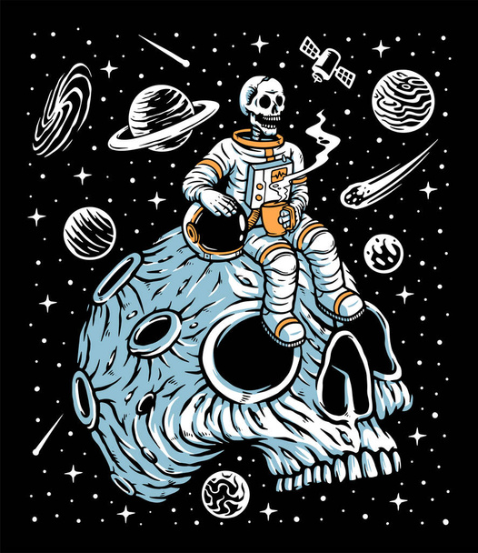 Astronauts drinking coffee on skull planet illustration - Vector, Image
