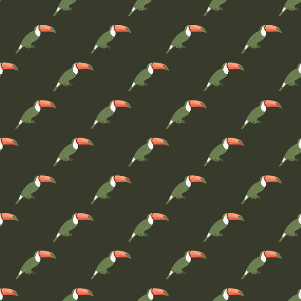 Zoo brasilianischen Vogel nahtlose Muster mit handgezeichneten Tukan-Print in Kinder-Stil. Grüner olivgrüner dunkler Hintergrund. Flacher Vektordruck für Textilien, Stoff, Geschenkpapier, Tapeten. Endlose Illustration. - Vektor, Bild