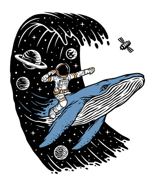 Surf nell'universo con illustrazione balene - Vettoriali, immagini