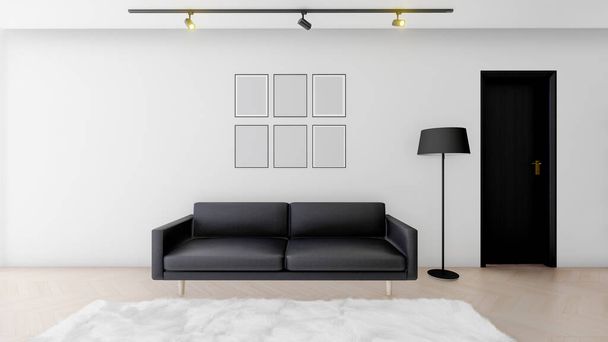 Modernes Wohnzimmer mit Schlafsofa und weißer Lampe, Mock up Posterrahmen in White Room. Innenhintergrund, White empty wall mockup, 3d rendering - Foto, Bild