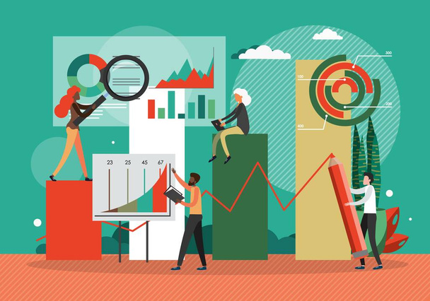 Businesscharts, concept flat vector illustration. Team work on finance and business strategy. Financial charts and data analytics dashboard. People in office - Vector, Image