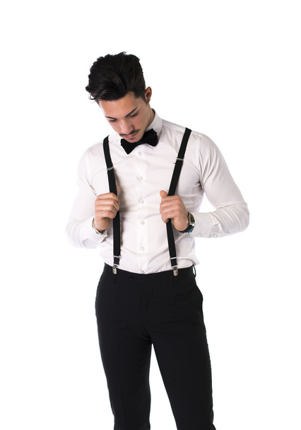 Handsome elegant young man with suit, bow-tie and moustache - Foto, Imagem