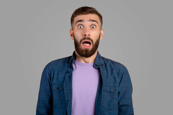 Megdöbbent szakállas fickó nézi kamera pánikba szürke stúdió háttér - Fotó, kép