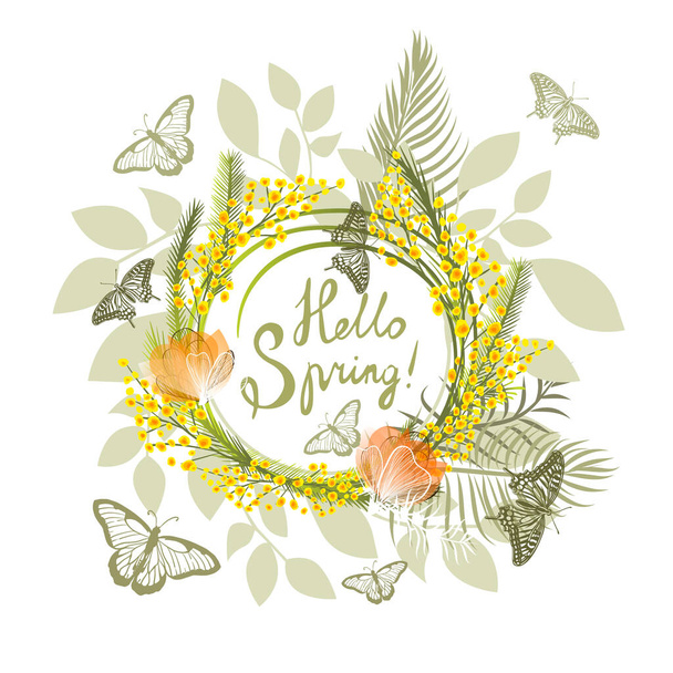 Postcard March 8. Mimosa branches with butterflies . Hello Spring. Vector illustration - Vector, Image