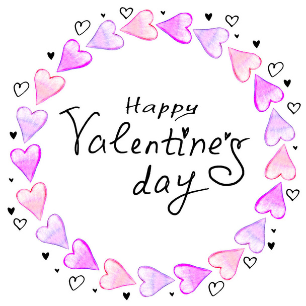 Happy Valentine's Day - hand written lettering in frame of pink watercolor hearts. Title, background template for greeting cards, web. - Photo, Image