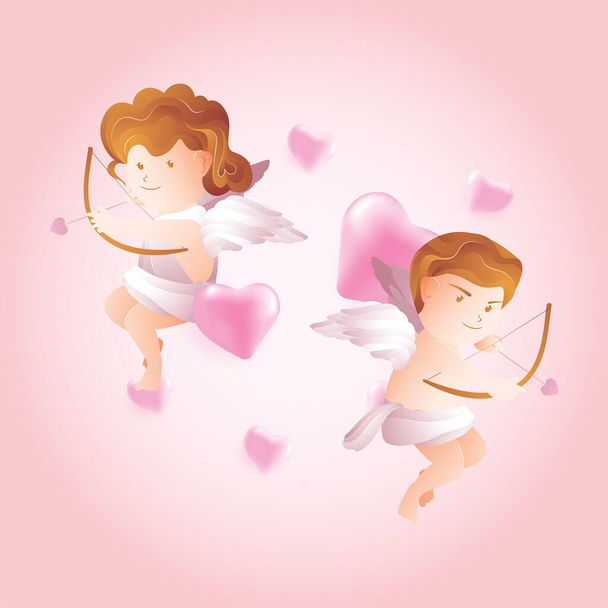 Casal de pequenos cupidos apontar seta do coração usando máscara cuidado covid-19 - Vetor, Imagem