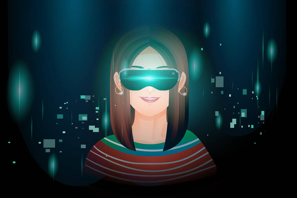 女の子は、仮想現実マシン(VR)の肖像画ビューを着用 - ベクター画像