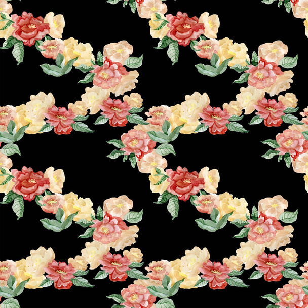 Vintage flowers. Peonies, tulips, lily, hydrangea on black. Floral background. Baroque style floristic illustration. - Foto, Imagen