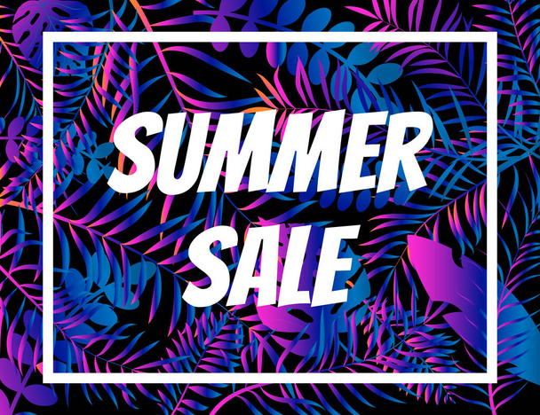 Summer sale poster, night tropic background with palm leaves - Διάνυσμα, εικόνα