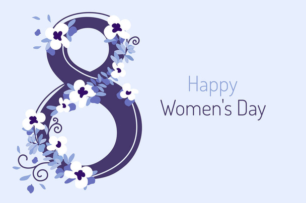 Greeting card, banner or flyer with figure eight decorated with purple flowers for International Womens Day. Vector illustration. - Vector, Image