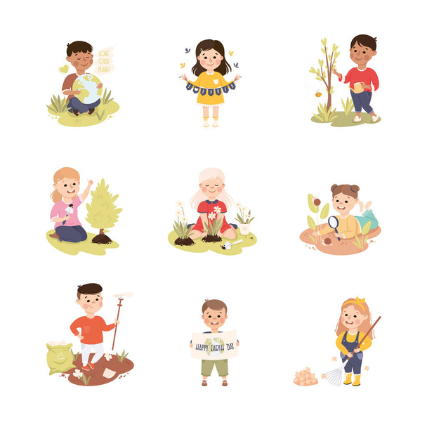 Kids Taking Care of Nature Set, Children Collecting and Sorting Garbage, Planting Tree Saplings, Save the World, Ecology Concept Cartoon Vector Illustration - Vector, Image
