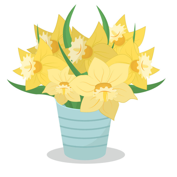  bukiet żółtych żonkili w metalowym wiadrze, wiosenna ilustracja na temat sprzedaży kwiatów na Międzynarodowy Dzień Kobiet - Wektor, obraz