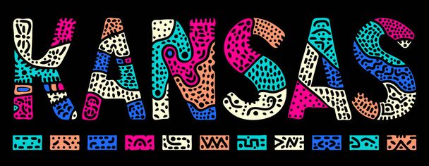 Kansas. Multicolor doodle isolate contrast inscription. Vzorované křivky křivolakých písmen. USA stát Kansas pro tisk, oblečení, tričko, suvenýr, banner, leták, reklama. Stock vektorový obrázek. - Vektor, obrázek