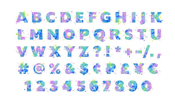 Színes vektor Angol ábécé folyékony festékfoltok hatására kék, zöld, rózsaszín színekben - Vektor, kép