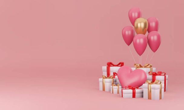 Rendement 3D. Coffret cadeau, coeur et ballon avec fond pastel rose, concept de mariage et d'anniversaire minimal - Photo, image