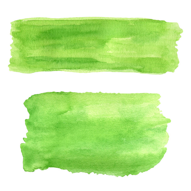 Waterverf groene penseelstreken set. Met de hand geschilderde borsteluitstrijkjes geïsoleerd op witte achtergrond. Abstract geschilderde textuur. - Foto, afbeelding