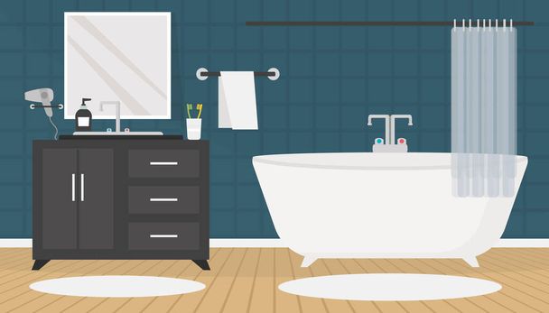 Modernes Badezimmer mit Möbeln im flachen Stil. Badewanne, Spiegel, Waschbecken und Schrank. Wohndesign. Vektorillustration.  - Vektor, Bild