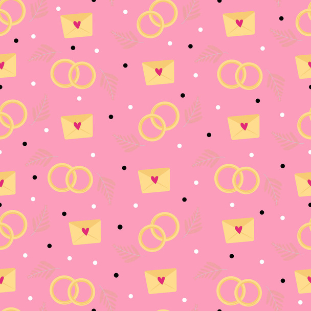 seamless pink pattern with wedding rings and love notes. Illustration for Valentine's Day. Design of wrapping paper, wallpaper, covers, notebooks. Vector illustration. - Vector, Image
